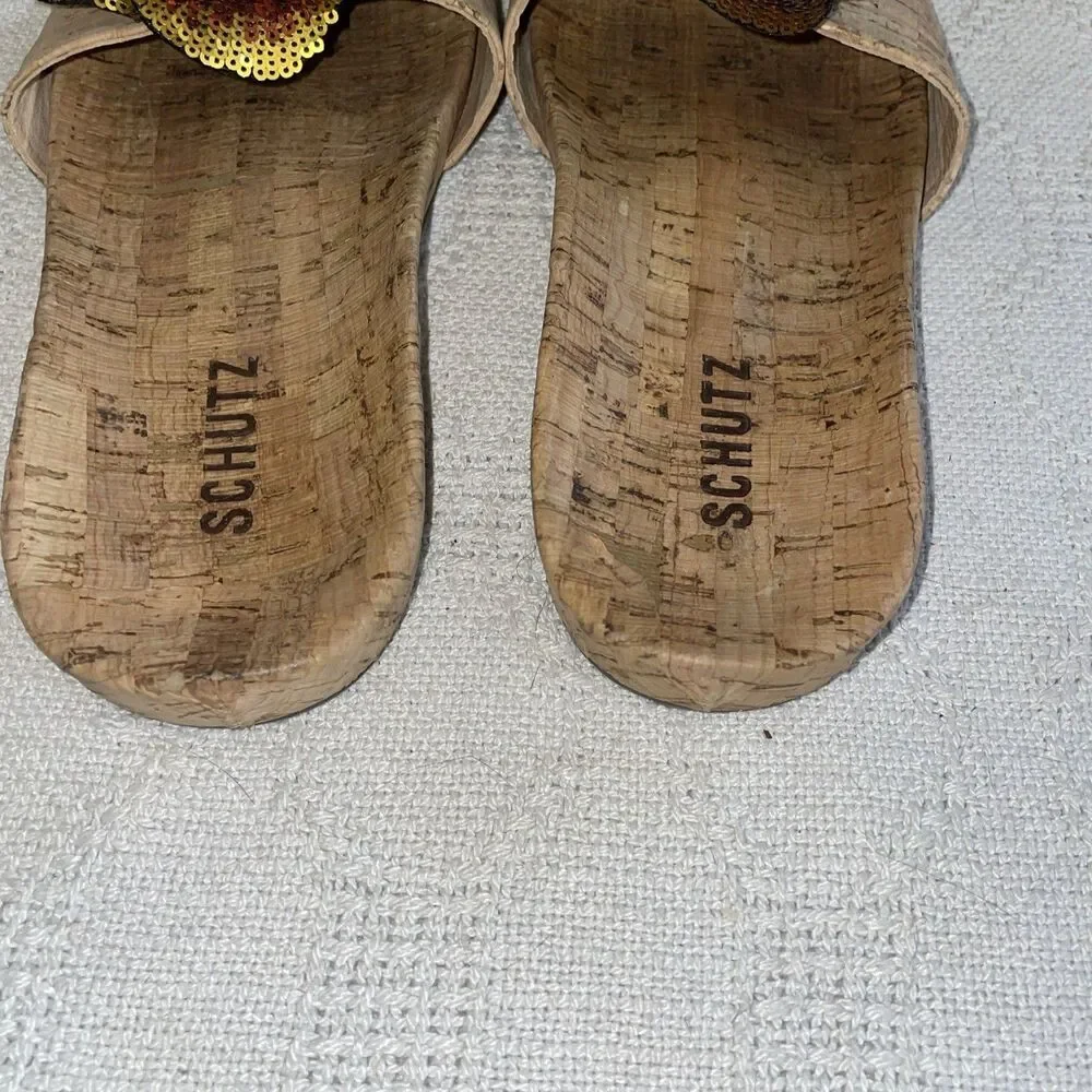 Schutz Women’s Slide Sandals Size 8 B Tan Cork Print Beach Cruise Island